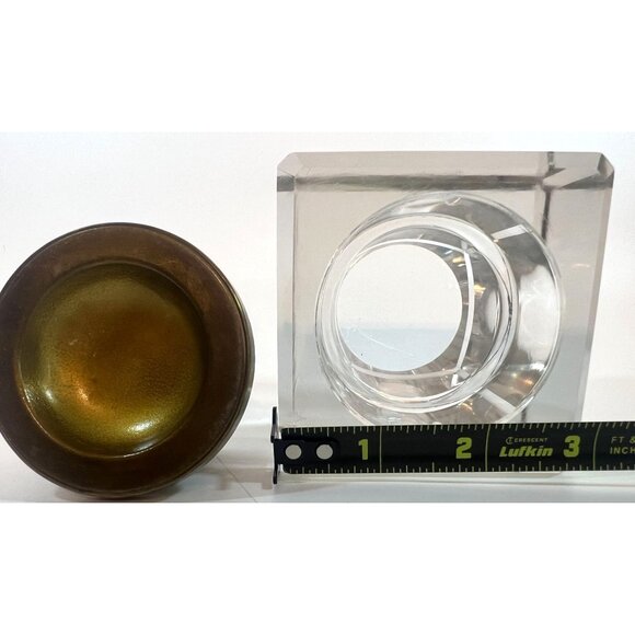 Antique Inkwell Glass beveled glass corners & concave Brass top Square Base 3" - Picture 5 of 10